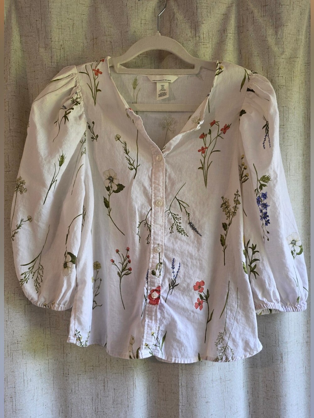 H&M Linen Blend White Floral Button-Front Puff Sleeve Blouse S